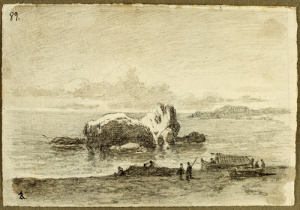 Dibuix - Marina amb roques i pescadors a la platja -