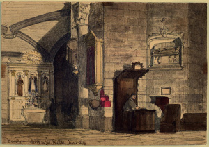 Dibuix - Interior de l’església del monestir de Sant Pere de les Puelles (Barcelona) -