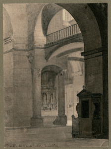 Dibuix - Interior de l’església del monestir de Sant Pere de les Puelles (Barcelona) -