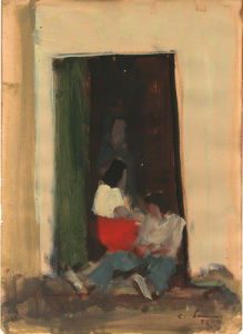 Pintura - Tres personatges a la porta d’una casa -