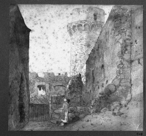 Dibuix - Torre i interior de la muralla d’Hostalric (?) -