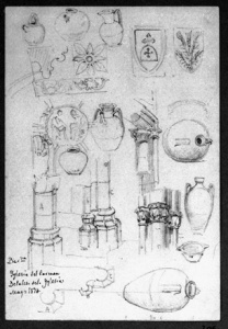 Dibuix - Detalls arquitectònics i objectes diverses de l\'església del convent del Carme (Barcelona) -