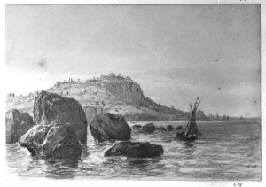 Dibuix - Marina amb roques i velers i Montjuïc al fons -