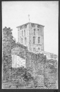 Dibuix - Campanar de l’església del monestir de Santa Maria de Ripoll -