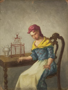 Pintura - Dona asseguda al costat d’una taula amb càntir i gàbia -