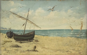 Pintura - Dues barquetes a la platja de Badalona -